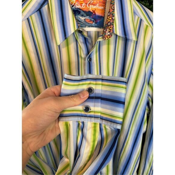 Robert Graham Blue and Green Striped Button Down Long Sleeve Sz Large - Picture 2 of 7